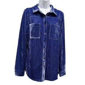 Cato Crushed Velvet Button Up Shirt Shacket Blue Stretch Whimsigoth Womens M NWT